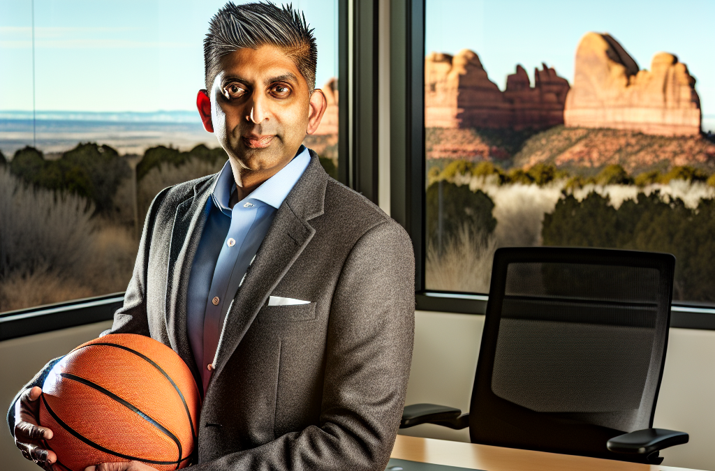 Business leader in a modern office holding a basketball, inspired by motivation and sports in Fruita and Grand Junction, Colorado