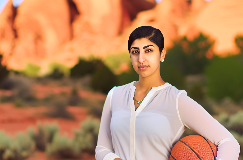 Entrepreneur in business-casual attire outdoors in Western Colorado holding a basketball, representing motivation and sports leadership