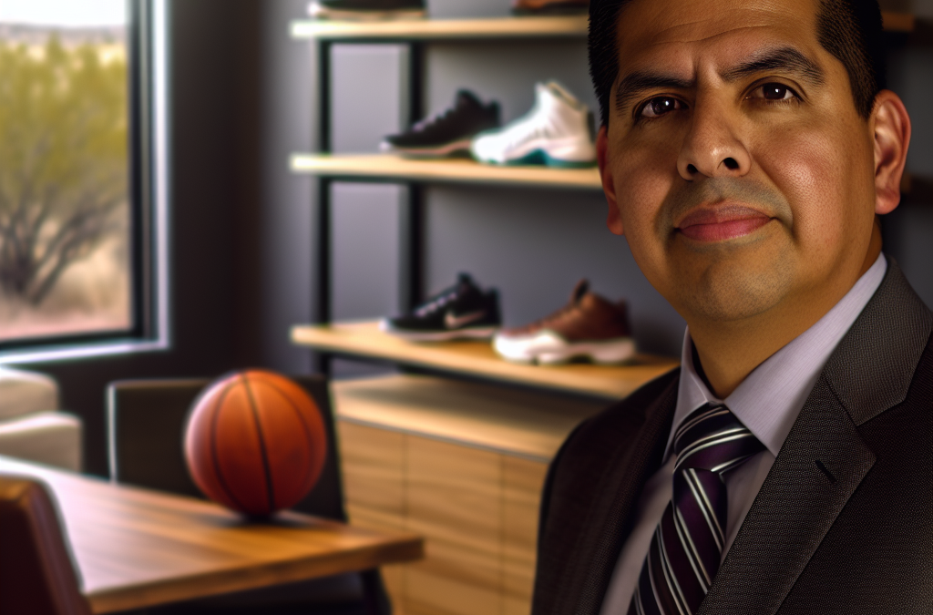 Entrepreneur in a modern office with subtle sports gear, representing motivation and leadership in Western Colorado