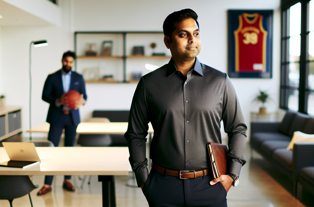 Entrepreneur in a modern office drawing motivation from sports discipline