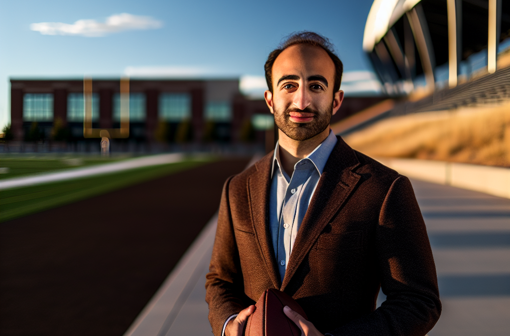 Business leader in Fruita and Grand Junction with an athletic mindset, standing near a sports field at sunset