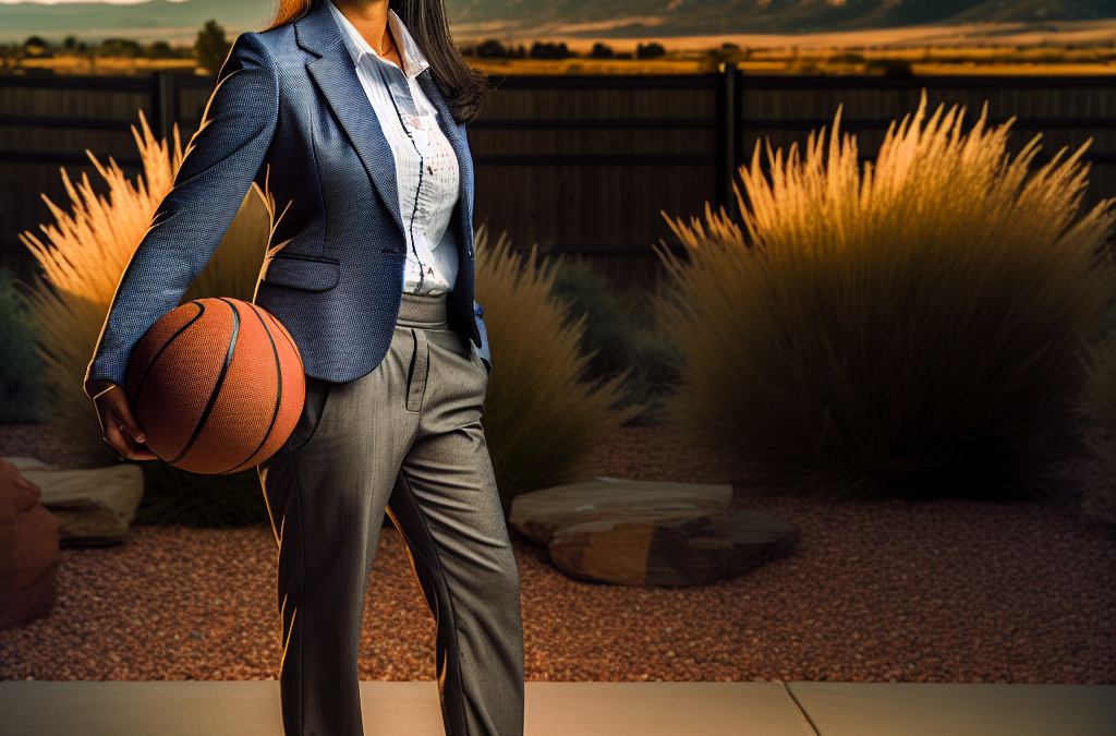 Entrepreneur in business-casual attire holding sports equipment outdoors in Colorado, symbolizing motivation and leadership